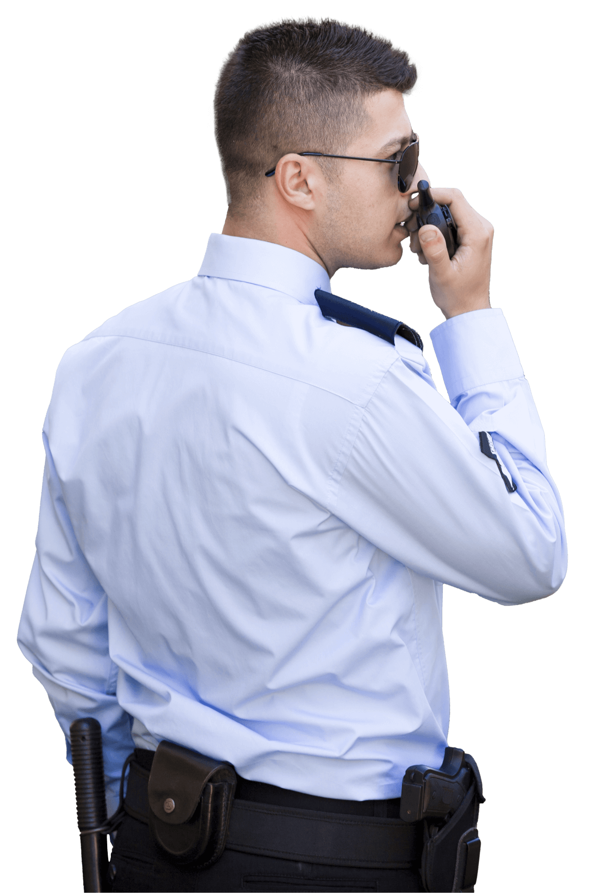 security guard on a walkie talkie